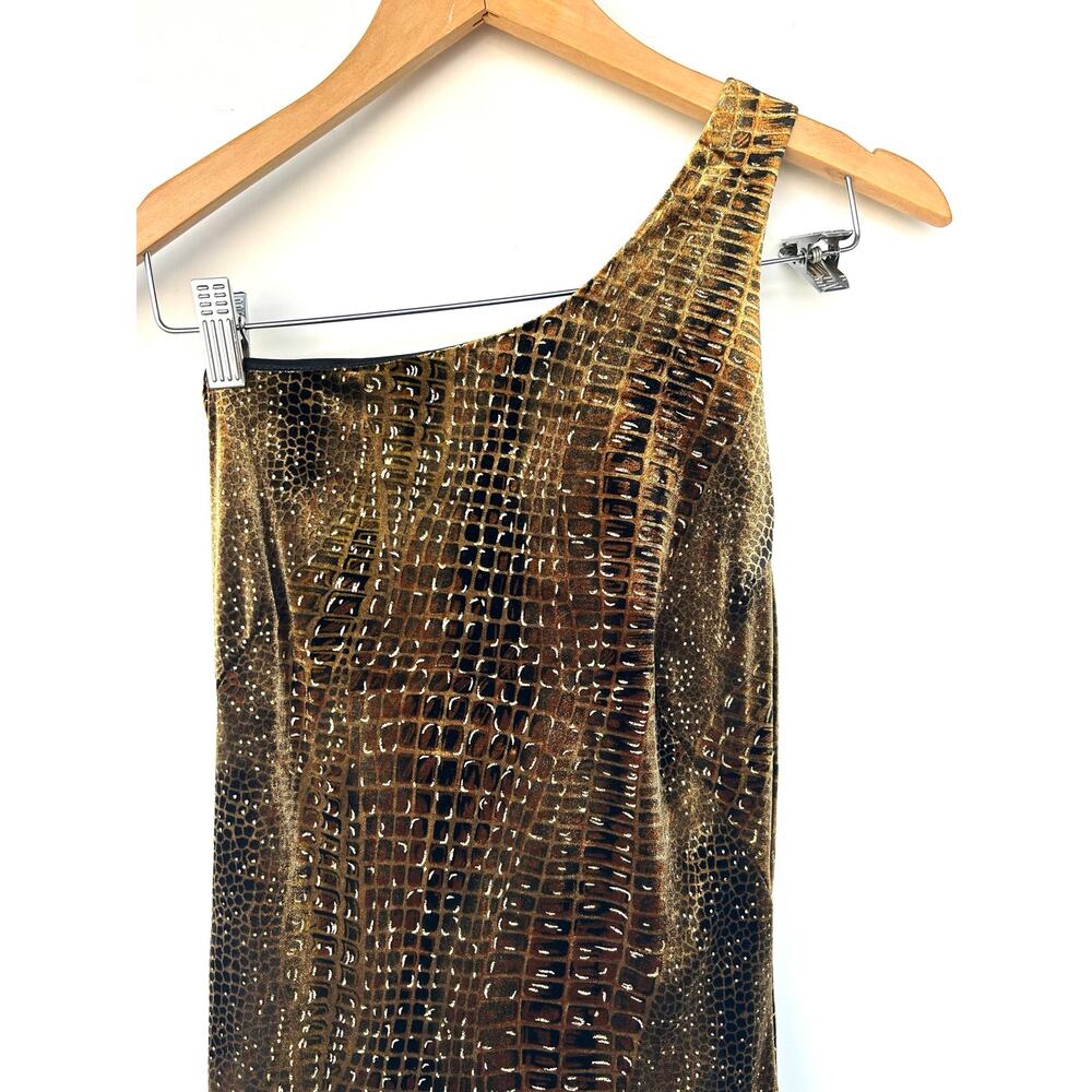Vintage Y2K Cache Velvet Maxi Dress Brown Gold One Shoulder Gown 8 Slit - Picture 5 of 10